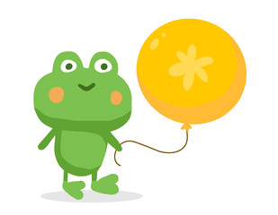 Vector color illustration of nice green cartoon frog with big yellow balloon on white background.