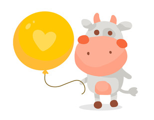 Vector color illustration of cute cartoon cow with big yellow balloon on white background.