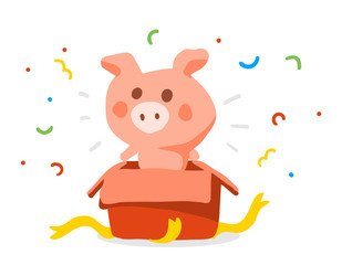 Vector color illustration of nice pink cartoon pig in open gift box with ribbon on white background.