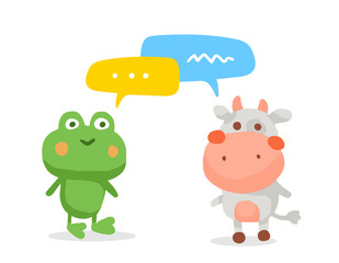 Vector color illustration of lovely cartoon animal frog and cow with speech bubble talking to each other on white background