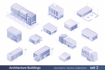 Isometric Flat 3D Architecture Building vector collection:
School, Administrative buildings, Office center, Shop, Mall, Cafe, Fastfood, Restaurant, Bar