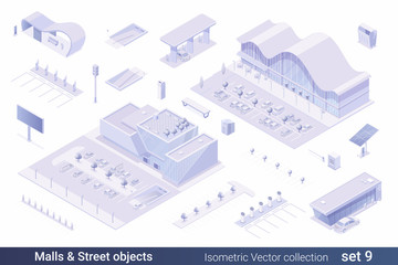 Isometric Flat 3D Architecture Building vector collection:
Shopping mall Shop Store, Parking, Gas Station, Electric station, solar panel, billboard, sign, bus stop, street objects - 372681091