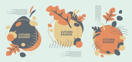 Autumn banner design for web or seasonal sale promotions with oak leaves, acorns and fall color palette. Vector advertisement illustration.