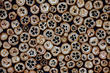 Dried  Maule's quinces background. Texture made of round dehydrated fruits. Healthy dry snacks.