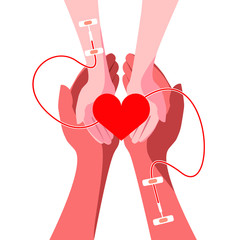 Heart in human hands, blood donation concept. Vector stock illustration.