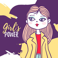 Vector illustration of portrait of a fashion girl in a yellow jacket with long hair on color background with text.