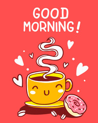Vector illustration of bright yellow smile cup of coffee with pink donut, heart and text on red background.