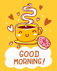 Vector illustration of happy smile cup of coffee with heart, pink donut and text in white cloud on yellow background.