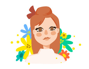 Vector illustration of portrait of a beautiful girl with brunette hair, blouse and bright flower on white background.