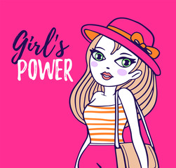 Vector illustration of close up beautiful woman in a blouse, pink hat with shoulder handbag and text.