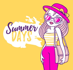 Vector illustration of a summer girl in a blouse, pink hat, trousers, sunglasses with handbag and long hair on yellow background with text.