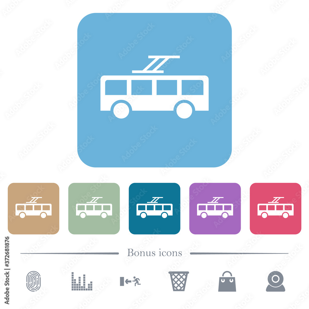 Poster trolley bus flat icons on color rounded square backgrounds