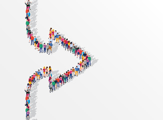 Big people crowd gathering in shape of arrow sign directed right or forward.