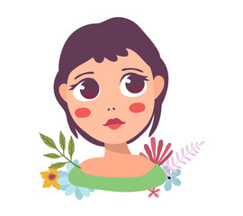 Vector illustration of portrait of a beautiful shy girl with big eyes and flower on white background