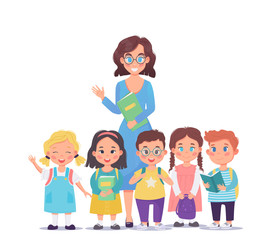 Happy teacher standing with group of cute cheerful pupils or students. They  waving their hands. Welcome back to school vector stock illustration. Isolated on white background. Flat cartoon style.