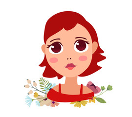 Vector illustration of portrait of a beautiful sad girl with big eyes, red blouse and flower on white background