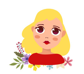 Vector illustration of portrait of a beautiful embarrassed girl with big eyes, blonde hair and flower on white background