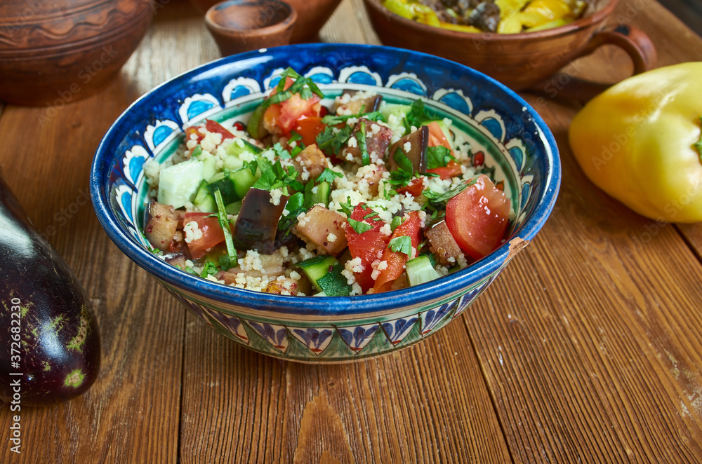 Sticker grilled aubergine tabbouleh