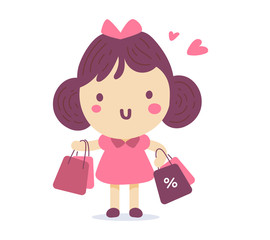 Vector illustration of a cute girl with brunette hair and bow holding shopping bag on white background.