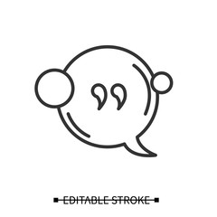 Quote bubble icon. Speech bubble linear pictogram with citation sign. Comic book style message balloon with communication concept. Thin line editable stroke vector illustration for graphic design