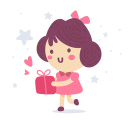 Vector illustration of a cute girl with brunette hair and bow carrying present on white background.