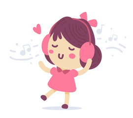 Vector illustration of a cute girl with brunette hair and bow listening to music in headphone on white background.
