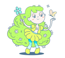 Vector illustration of a cute girl with green color hair and magic wand on white background.