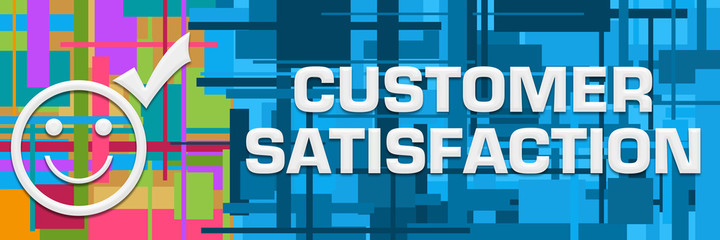 Customer Satisfaction Colorful Blue Random Squares Horizontal Symbol 