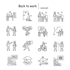 Fototapeta premium Back to work icons set Quarantine and lockdown end, office covid pandemic prevention linear pictograms. Concept of employee workplace health safety precautions. Editable stroke vector illustrations