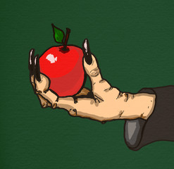 Witch's hand with apple. Old witch holding an apple for Snow White. Old scary hand of a witch holding one red apple