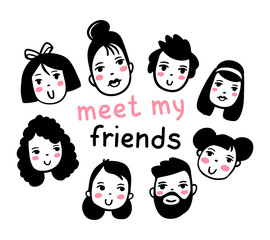 Vector illustration of many different white and black color head of people with text.