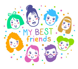 Vector illustration of many different color head of people on white background with text.