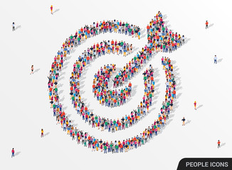 Large group of people seen from above gathered together in the shape of a target with arrow icon.