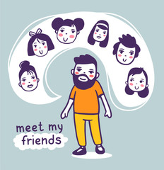 Vector illustration of a man and speech bubble with group of beautiful head of girl with text.