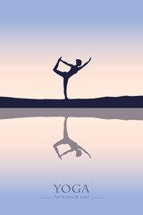 girl makes yoga by the lake at sunset vector illustration EPS10