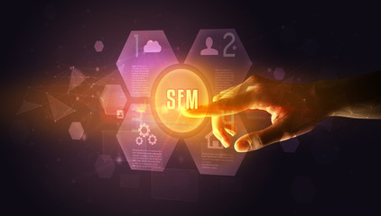 Hand touching SEM inscription, new technology concept