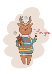 Postcard with a deer in a sweater and an inscription for you. Vector graphics.