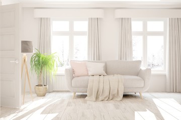 White stylish minimalist room with sofa. Scandinavian interior design. 3D illustration