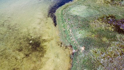 Top view of a beautiful lake with blue transparent water