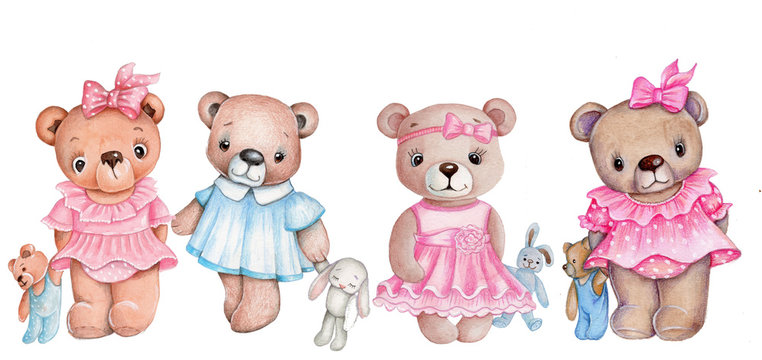 Set of 4 teddy bears girls. watercolor illustration, hand drawn. painted by hand.