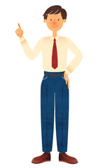 腰に手を当てて指差しをする若いスーツ姿の男性