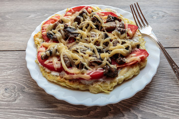 Fresh cheese pizza with mushrooms on the table, Italian traditional appetizer.