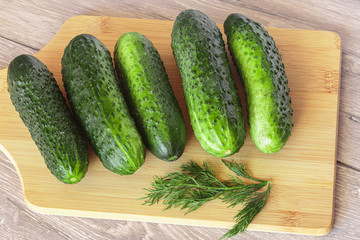 Fresh cucumbers on a cutting board. Fresh produce from the Farmers Market.