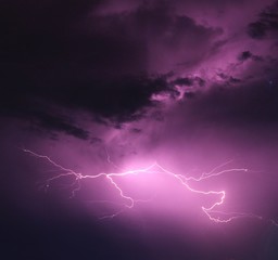 Lightning in dark night black clouds rainy stormy weather