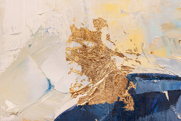 The texture of the canvas, coated with oil paints. Trendy blue and golden colors, copy space. The...