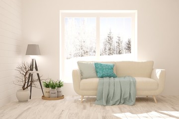 White stylish minimalist room with sofa. Scandinavian interior design. 3D illustration