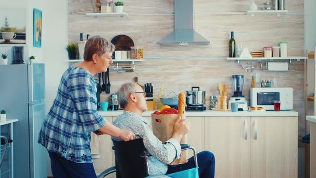 Senior woman taking grocery paper bag from handicapped husband in wheelchair. Mature people with fresh vegetables from market. Living with disabled person with walking disabilities