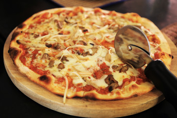 Delicious summer appetizer: Homemade pizza with mushroom and soft cheese.
