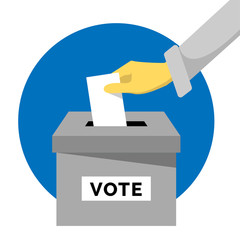 voting concept. hand putting ballot / vote paper into ballot / vote box flat design icon, sign, logo, emblem, vector illustration