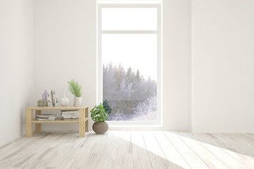 White stylish empty room with winter landscape in window. Scandinavian interior design. 3D illustration